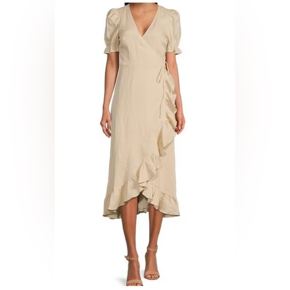 A Love A Wrap Dress Linen Puff Sleeve Hi-Low Hem Ruffle Trim Oat Beige Dress S - Picture 1 of 4